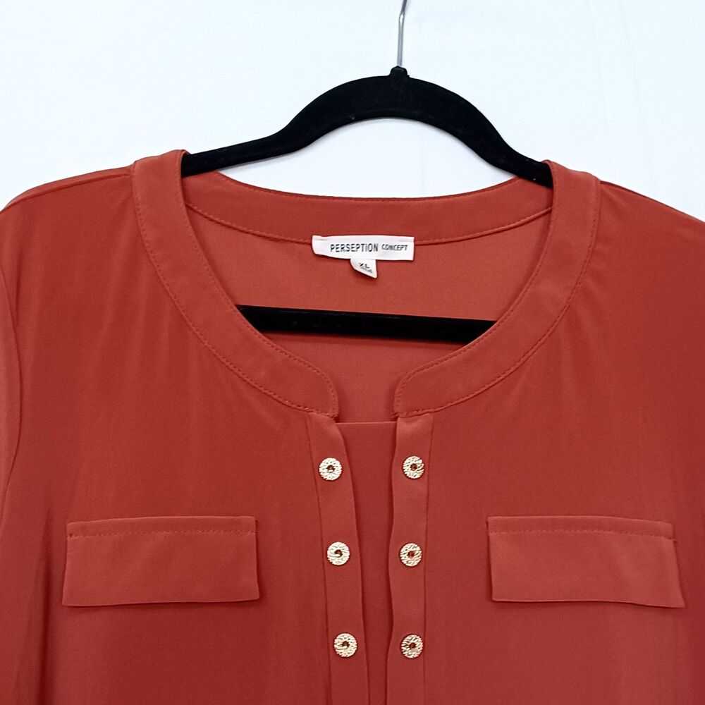 Perseption Concept Women's XL Solid Dust Orange Pullover Roll Tab Blouse - Picture 2 of 11